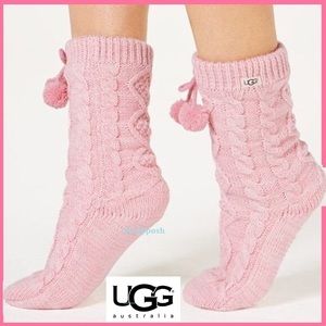 UGG Fleece Lined Pom Pom Socks Cozy Boot Pink New